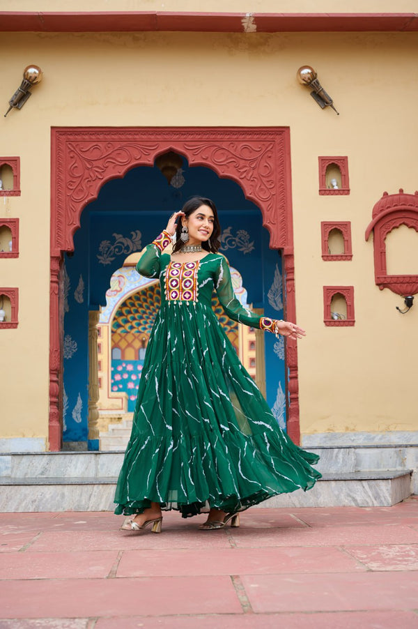 Green Navratri Special Traditional Laheriya Print Kutchi Work Gown in Faux Georgette – 12 Meter Flair ClothsVilla