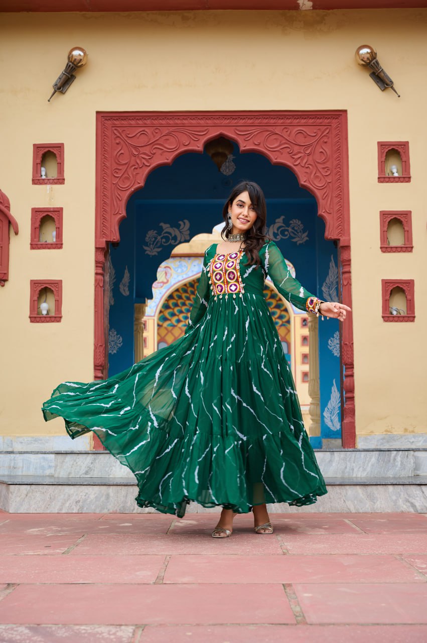 Green Navratri Special Traditional Laheriya Print Kutchi Work Gown in Faux Georgette – 12 Meter Flair ClothsVilla