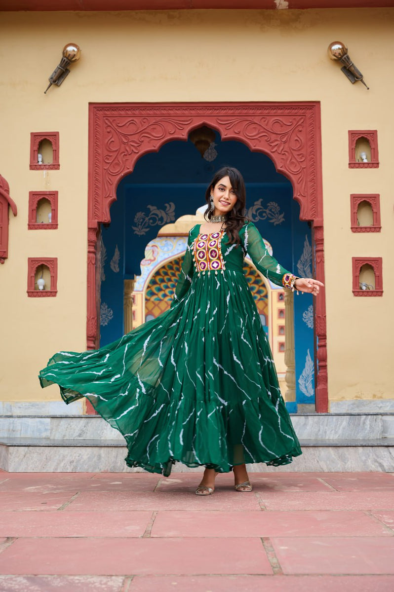 Women Green Georgette Bandhani Print Work With Kutchi Patch-Work Navaratri Gown main image 1
