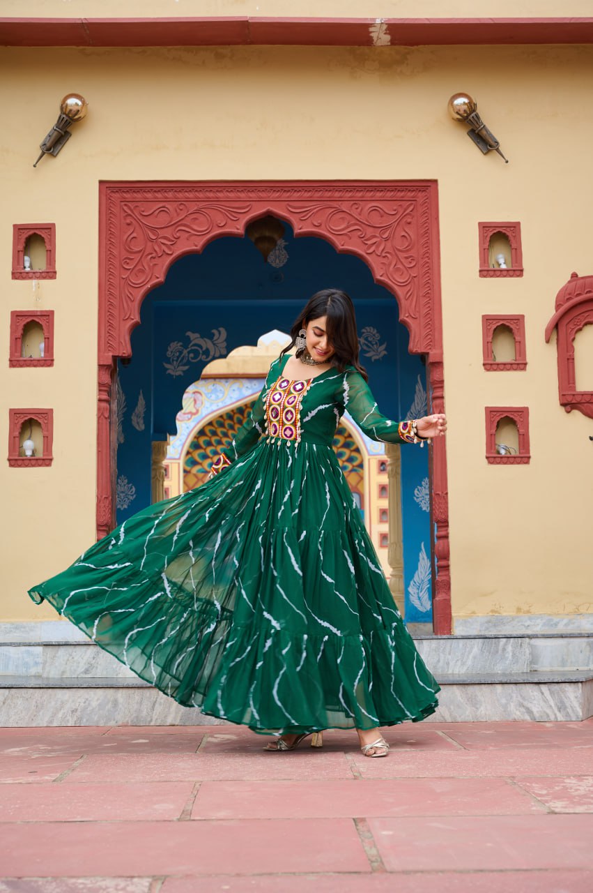 Green Navratri Special Traditional Laheriya Print Kutchi Work Gown in Faux Georgette – 12 Meter Flair ClothsVilla