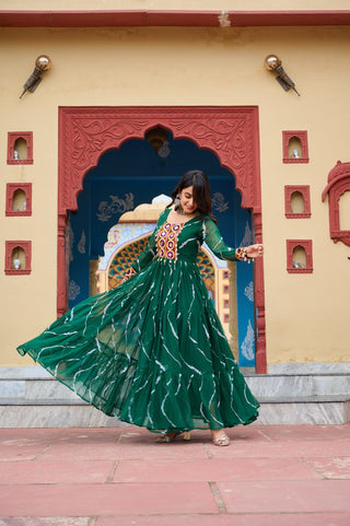 Green Navratri Special Traditional Laheriya Print Kutchi Work Gown in Faux Georgette – 12 Meter Flair ClothsVilla
