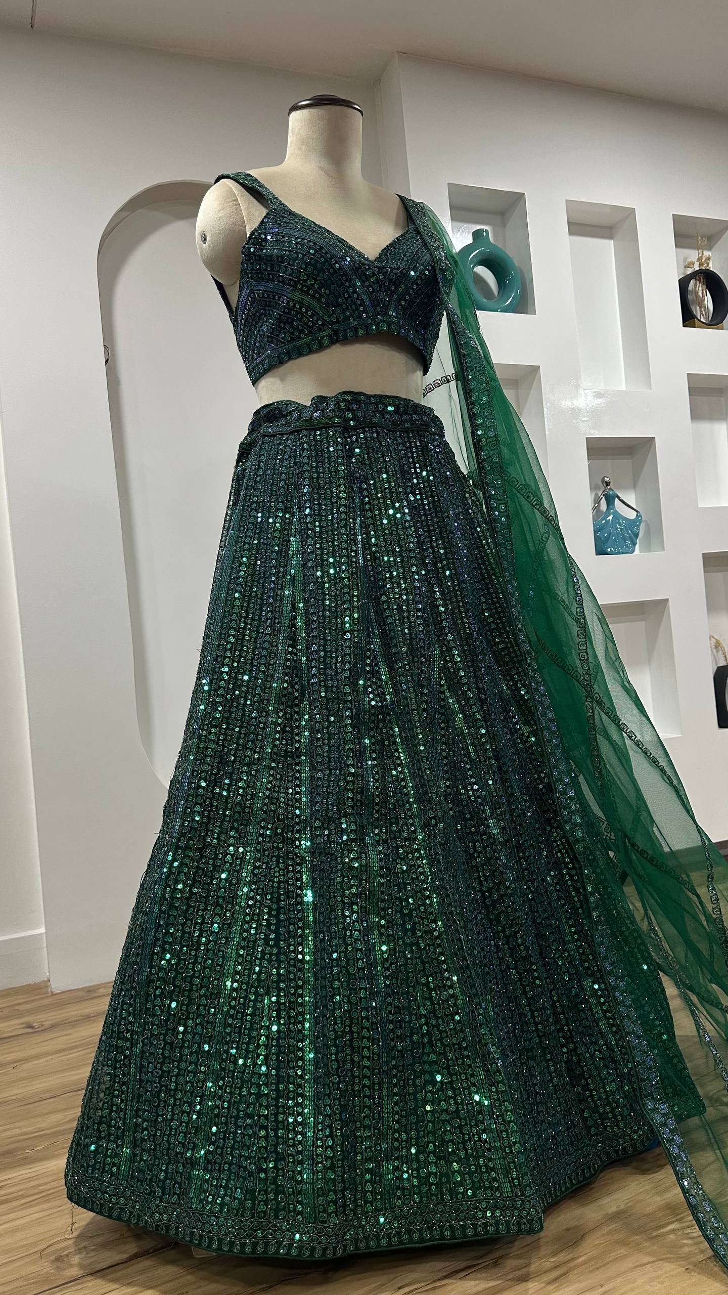 Green Net Lehenga Choli Set with Rainbow Sequins & Dori Work ClothsVilla