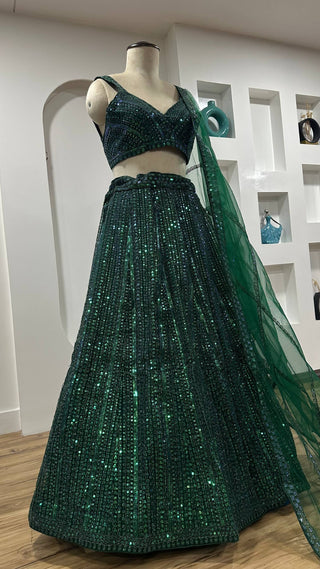 Green Net Lehenga Choli Set with Rainbow Sequins & Dori Work ClothsVilla