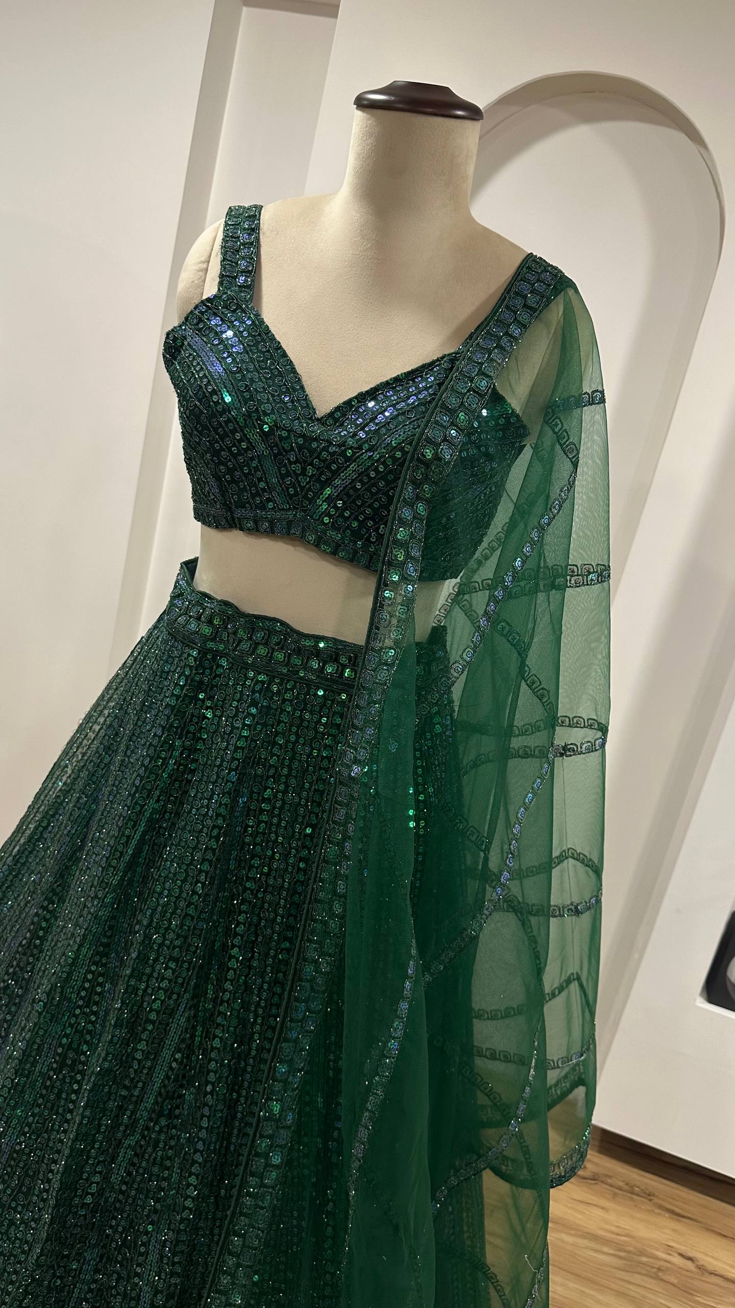 Green Net Lehenga Choli Set with Rainbow Sequins & Dori Work ClothsVilla