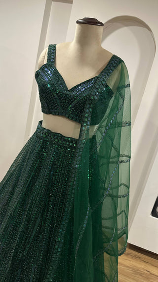 Green Net Lehenga Choli Set with Rainbow Sequins & Dori Work ClothsVilla
