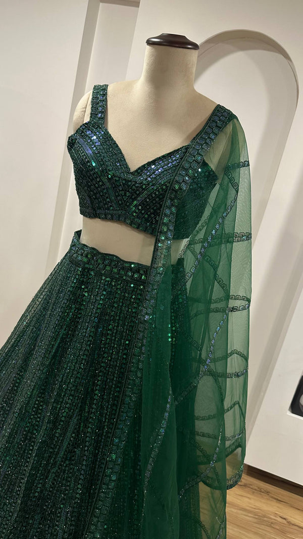 Green Net Lehenga Choli Set with Rainbow Sequins & Dori Work ClothsVilla