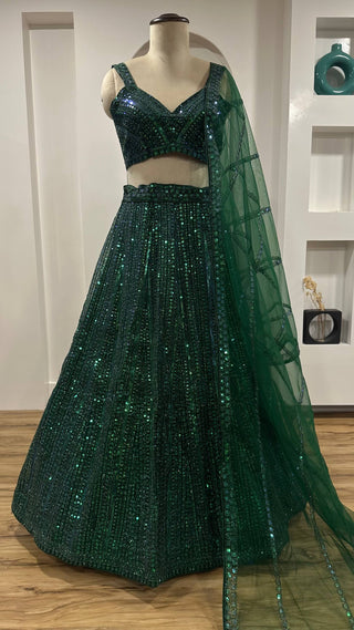 Green Net Lehenga Choli Set with Rainbow Sequins & Dori Work ClothsVilla