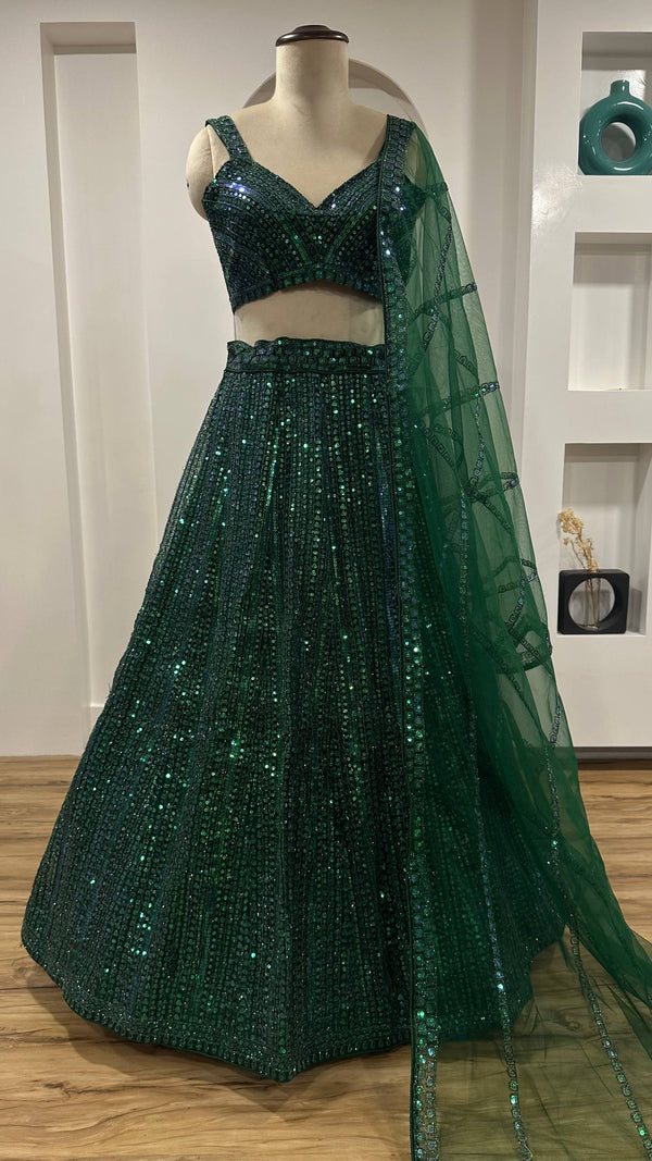 Green Net Lehenga Choli Set with Rainbow Sequins & Dori Work ClothsVilla