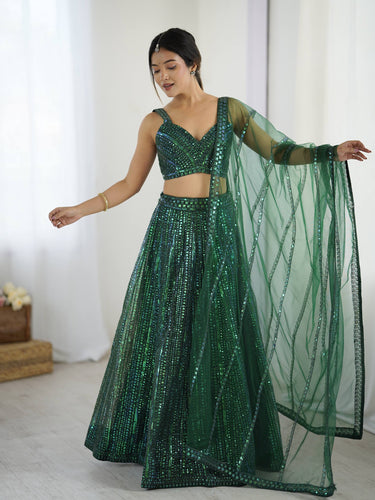 Green Net Lehenga Choli Set with Rainbow Sequins & Dori Work ClothsVilla