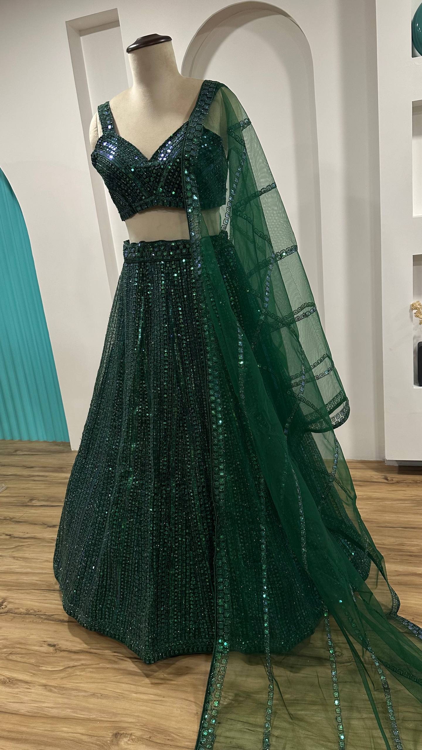 Green Net Lehenga Choli Set with Rainbow Sequins & Dori Work ClothsVilla