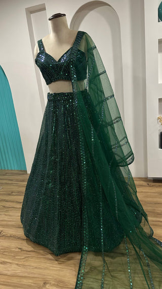 Green Net Lehenga Choli Set with Rainbow Sequins & Dori Work ClothsVilla