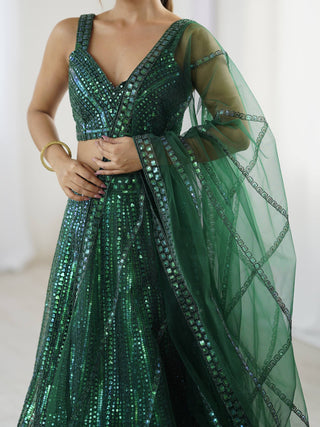 Green Net Lehenga Choli Set with Rainbow Sequins & Dori Work ClothsVilla