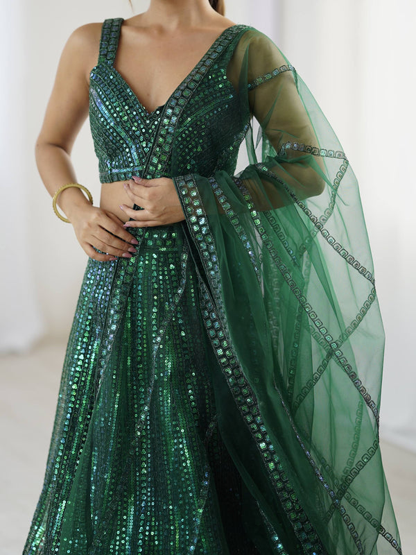 Green Net Lehenga Choli Set with Rainbow Sequins & Dori Work ClothsVilla