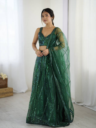 Green Net Lehenga Choli Set with Rainbow Sequins & Dori Work ClothsVilla