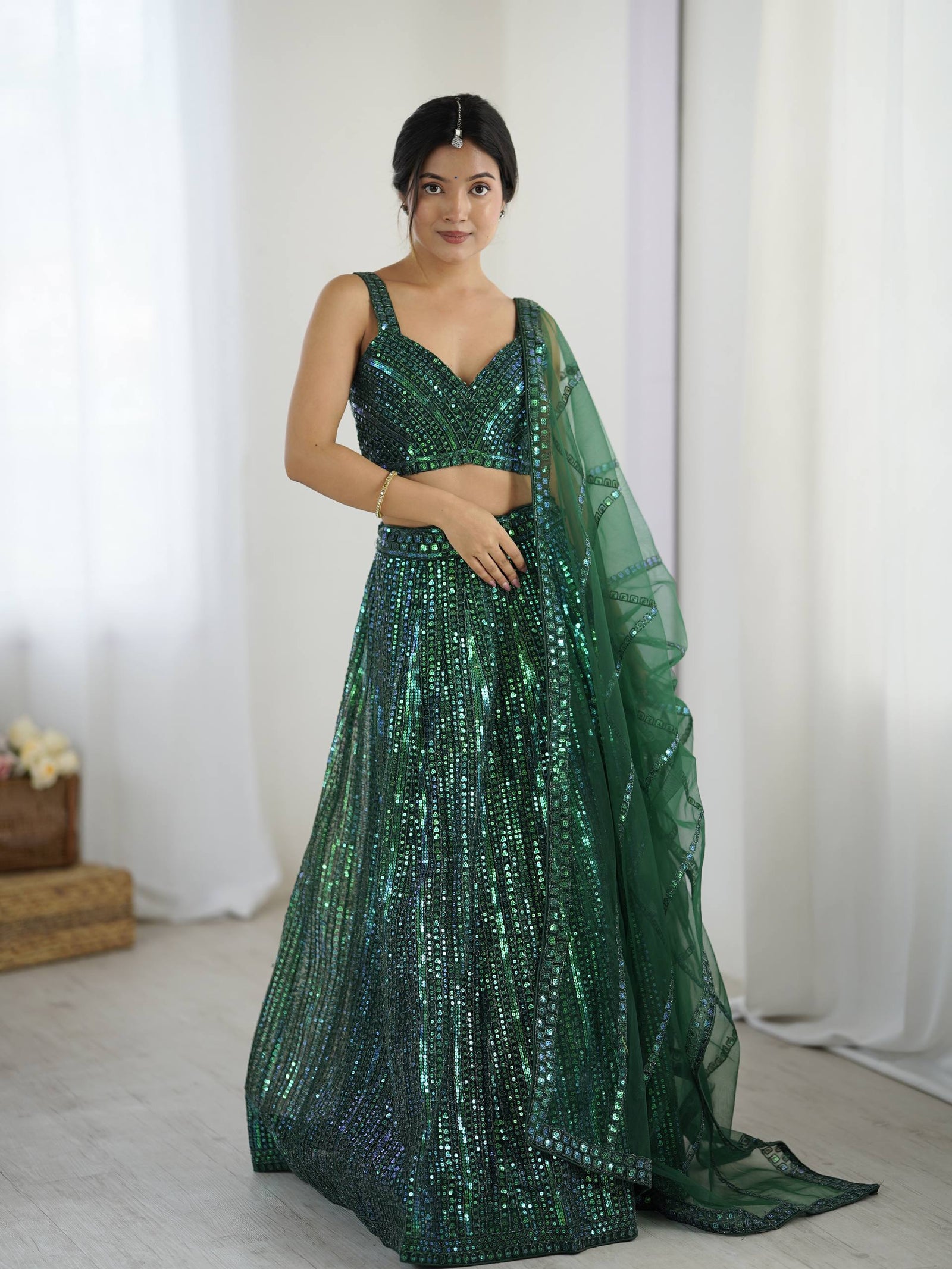 Green Net Lehenga Choli Set with Rainbow Sequins & Dori Work ClothsVilla