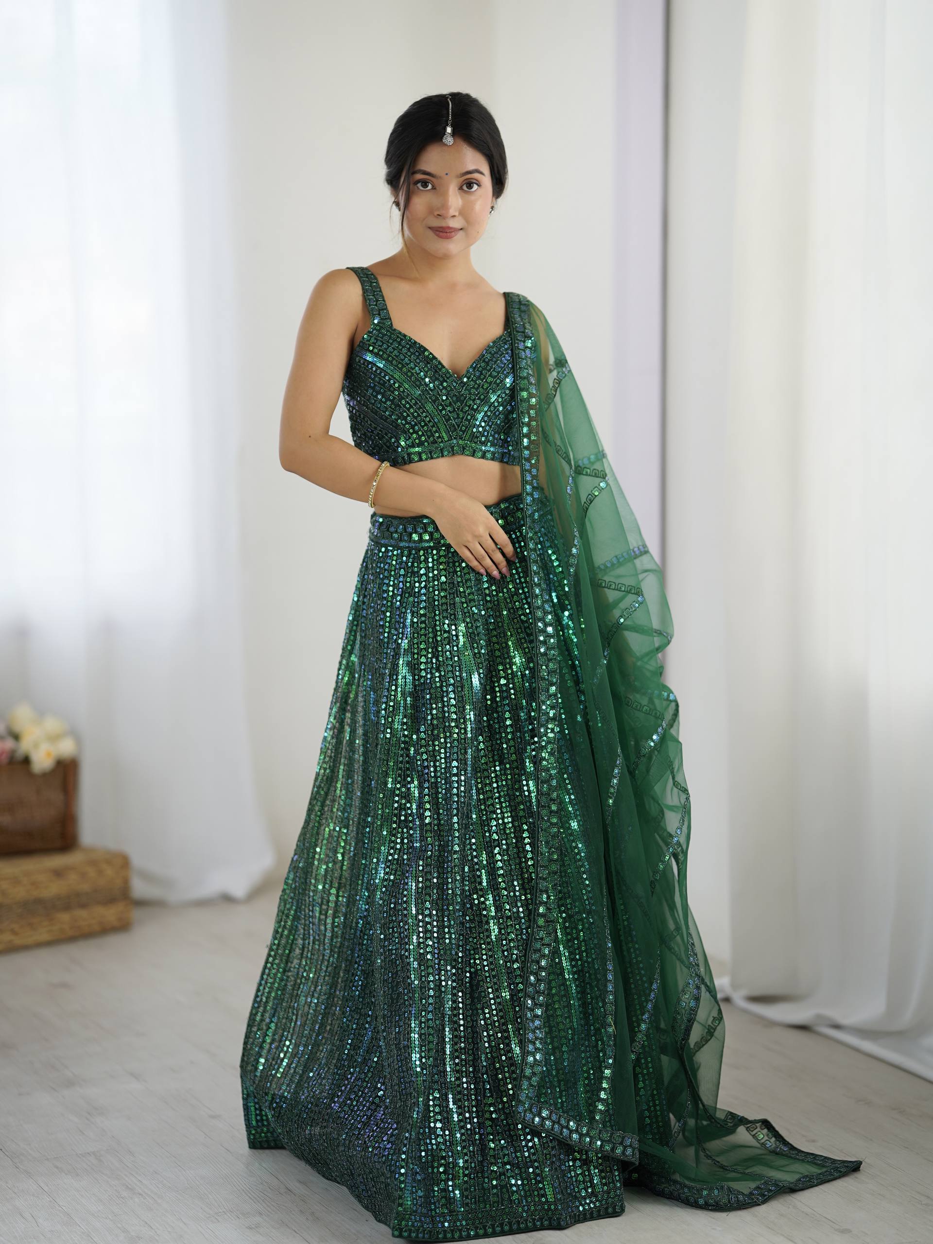 Green Net Lehenga Choli Set with Rainbow Sequins & Dori Work ClothsVilla Main image
