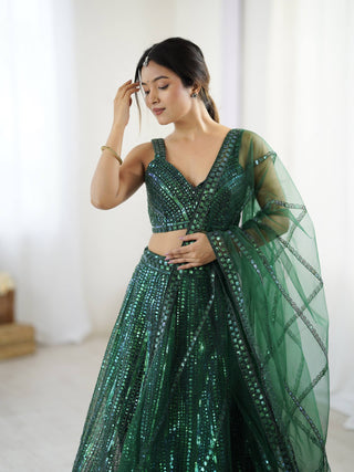 Green Net Lehenga Choli Set with Rainbow Sequins & Dori Work ClothsVilla