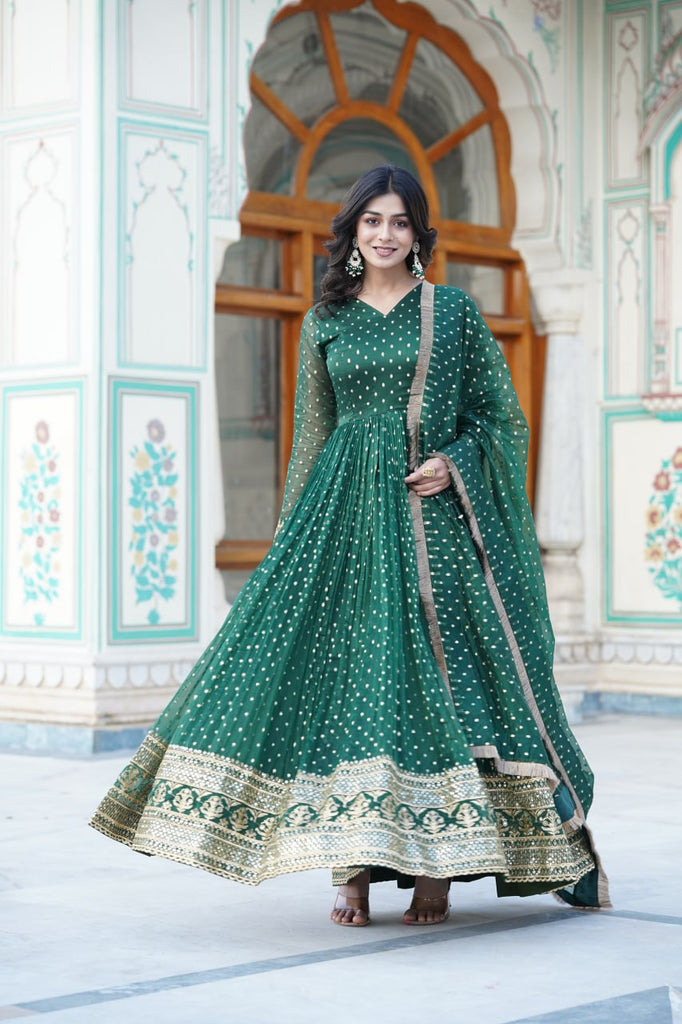 Green Nylon Jacquard Readymade Gown with Dupatta Set - Embroidery & Zari Sequin Work ClothsVilla