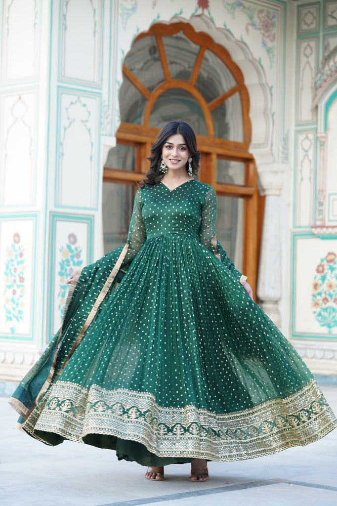 Green Nylon Jacquard Readymade Gown with Dupatta Set - Embroidery & Zari Sequin Work ClothsVilla