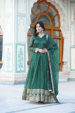 Green Nylon Jacquard Readymade Gown with Dupatta Set - Embroidery & Zari Sequin Work ClothsVilla