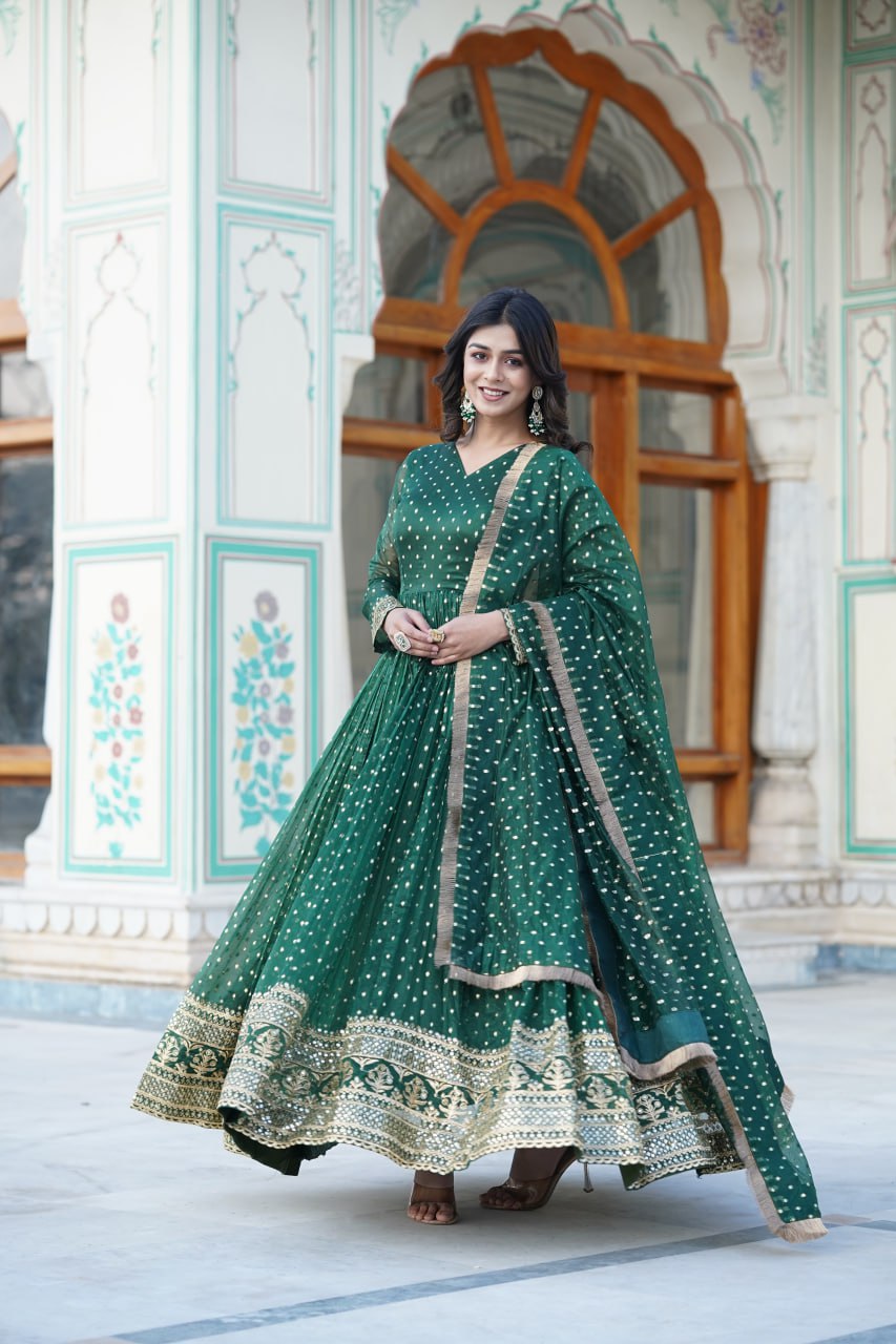Green Nylon Jacquard Readymade Gown with Dupatta Set - Embroidery & Zari Sequin Work ClothsVilla