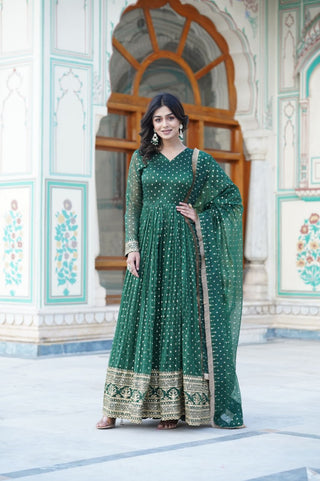 Green Nylon Jacquard Readymade Gown with Dupatta Set - Embroidery & Zari Sequin Work ClothsVilla