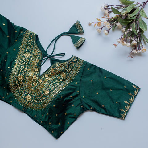Green Olive Silk Blouse with Golden Embroidery and Sequence Accents ClothsVilla Main image