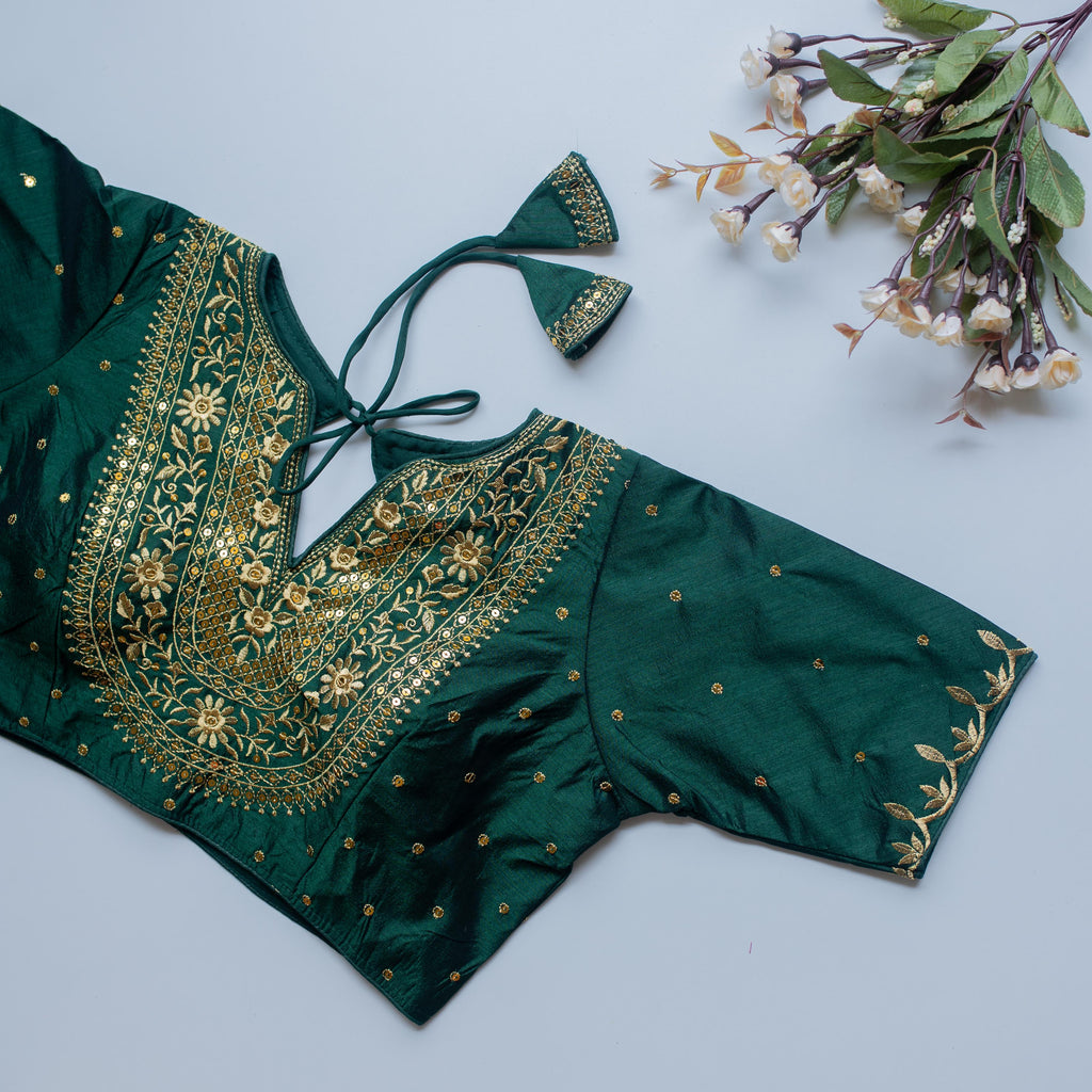 Green Olive Silk Blouse with Golden Embroidery and Sequence Accents ClothsVilla