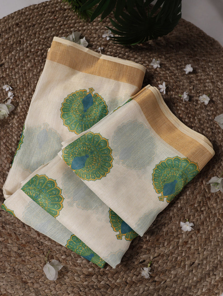 Green Onam Printed Saree with Banglory Bead Work Blouse Clothsvilla