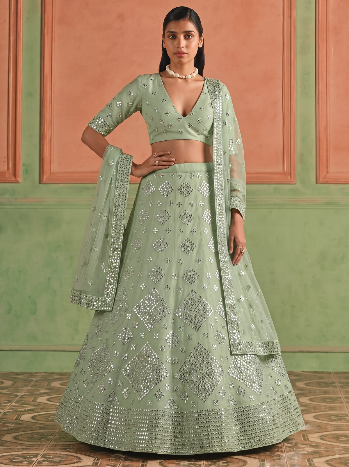 Green Organza Embroidered Foil Mirror Work Lehenga Choli Clothsvilla