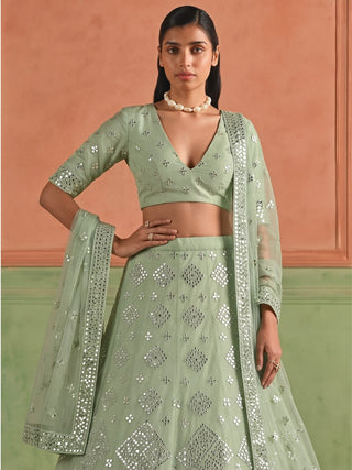 Green Organza Embroidered Foil Mirror Work Lehenga Choli Clothsvilla