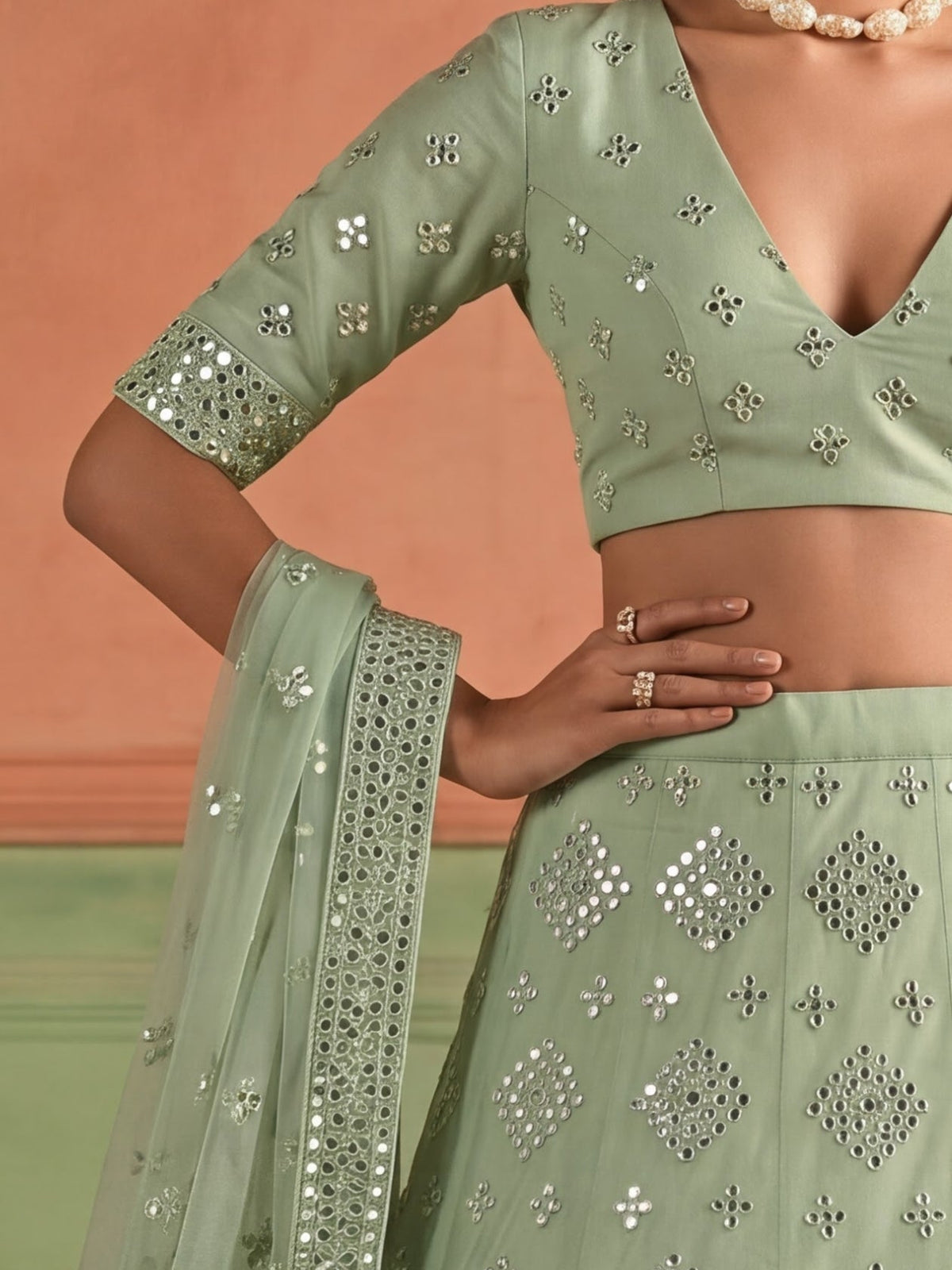 Green Organza Embroidered Foil Mirror Work Lehenga Choli Clothsvilla