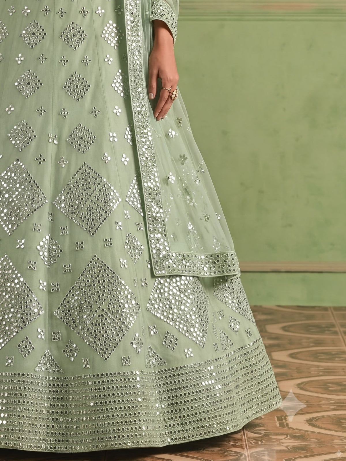 Green Organza Embroidered Foil Mirror Work Lehenga Choli Clothsvilla