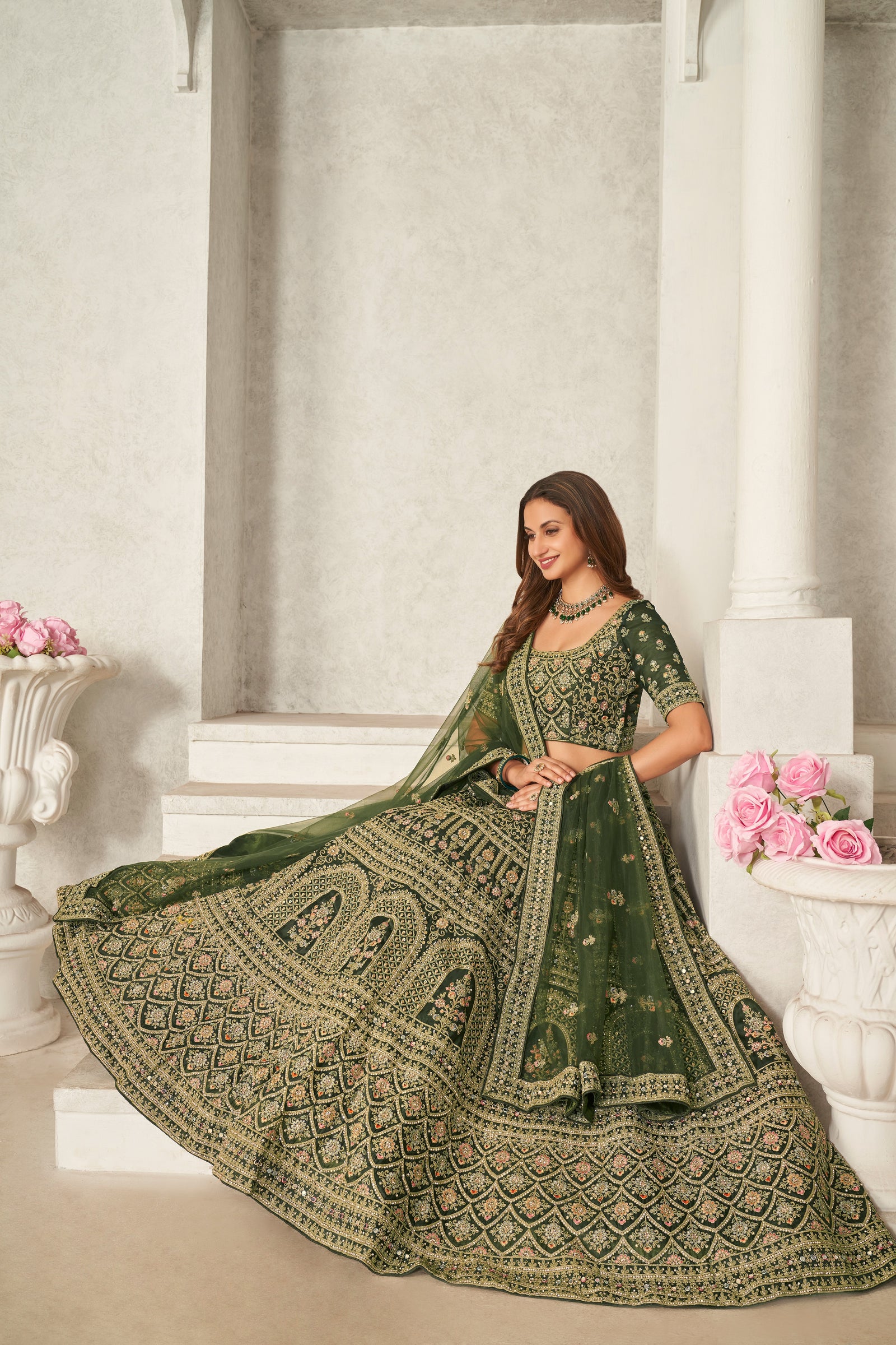 Green Organza Net Lehenga Choli Set - Embroidered Bridal Wear ClothsVilla