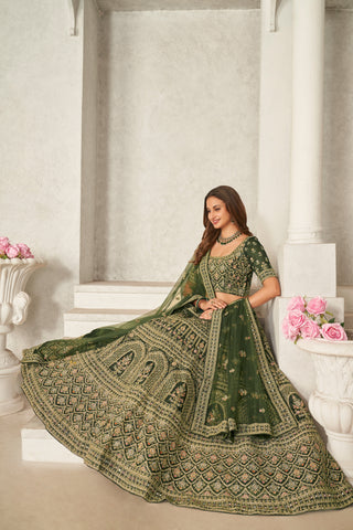 Green Organza Net Lehenga Choli Set - Embroidered Bridal Wear ClothsVilla
