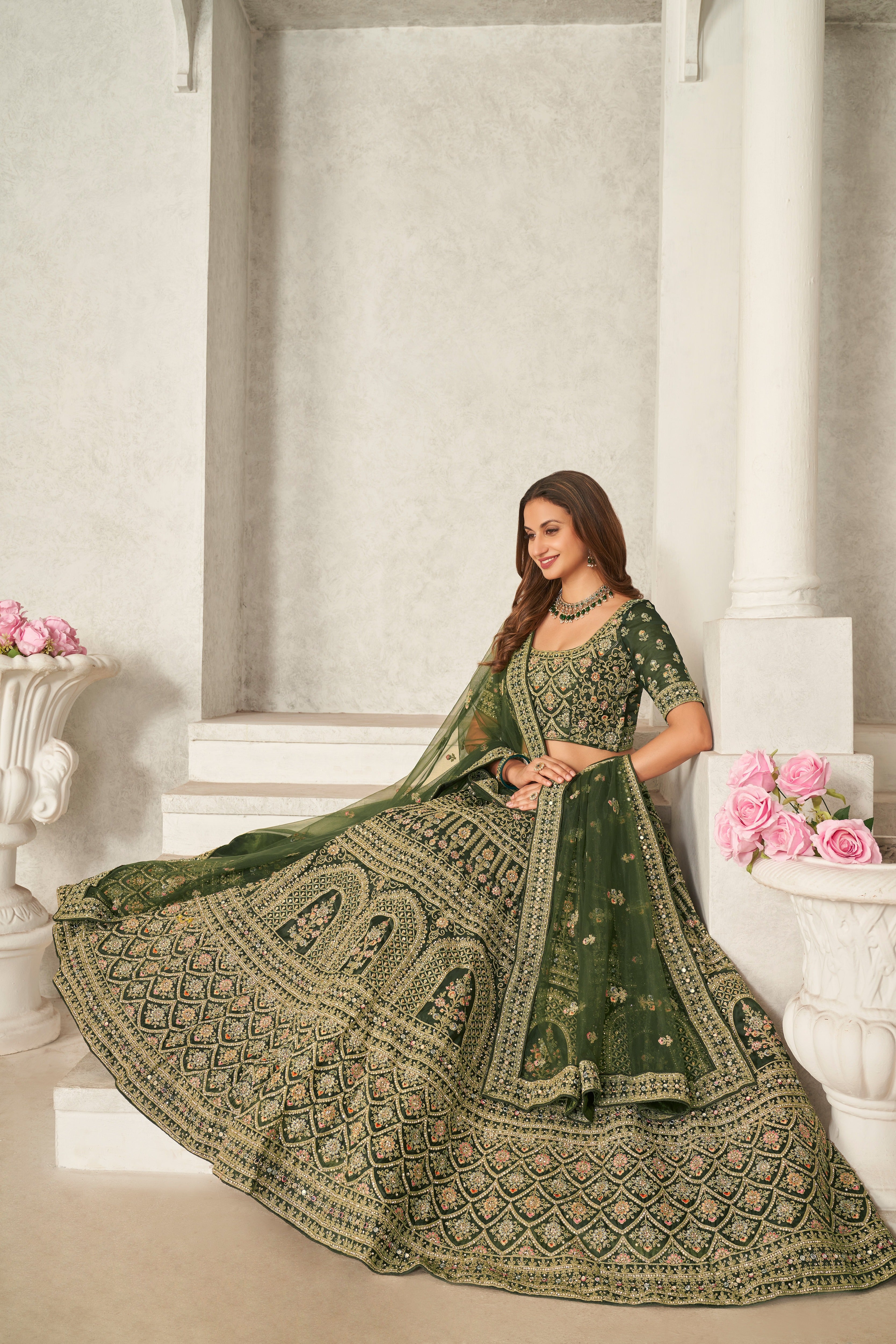 Green Organza Net Lehenga Choli Set - Embroidered Bridal Wear ClothsVilla