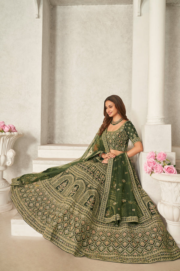 Green Organza Net Lehenga Choli Set - Embroidered Bridal Wear ClothsVilla