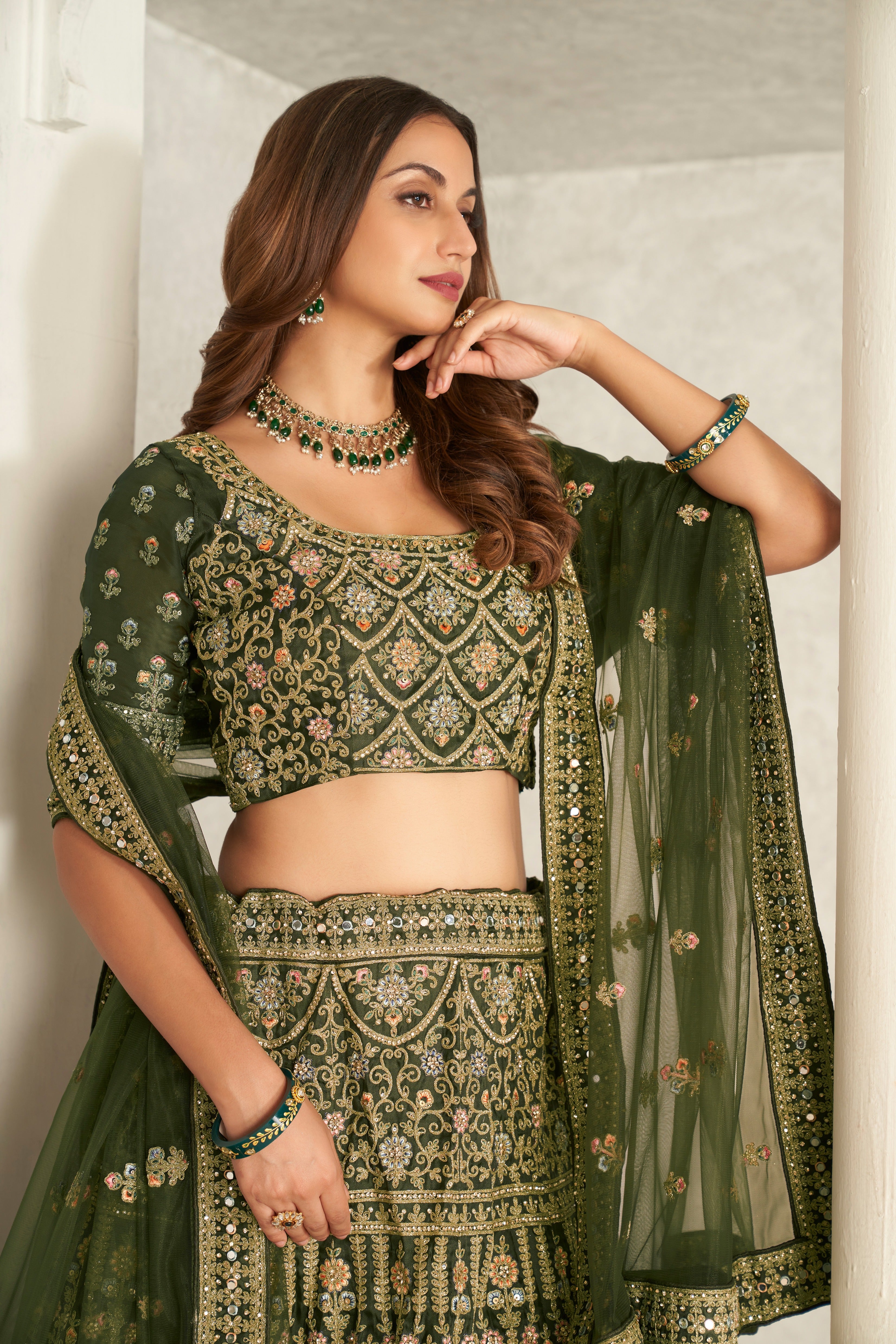 Green Organza Net Lehenga Choli Set - Embroidered Bridal Wear ClothsVilla