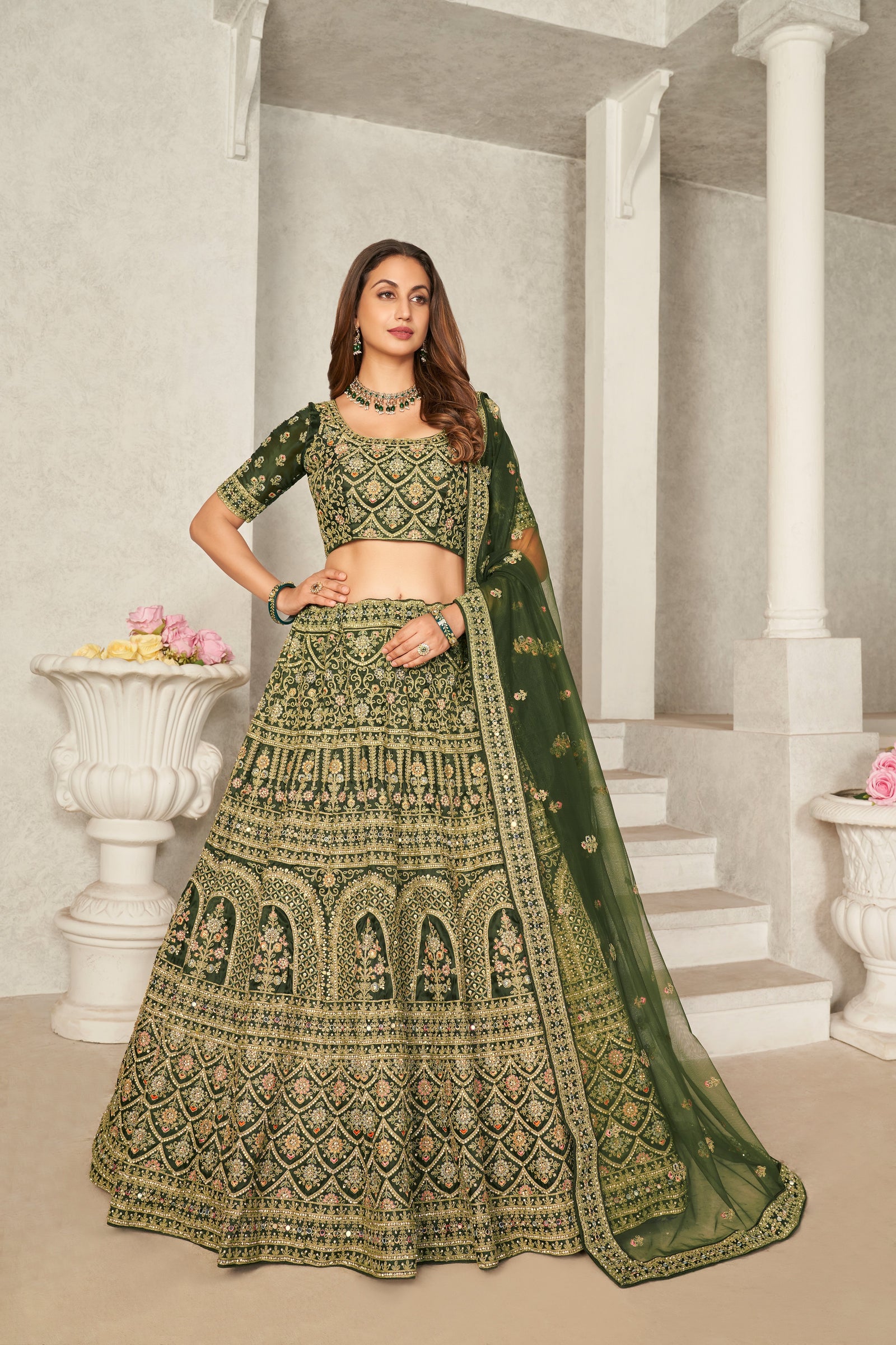 Green Organza Net Lehenga Choli Set - Embroidered Bridal Wear ClothsVilla