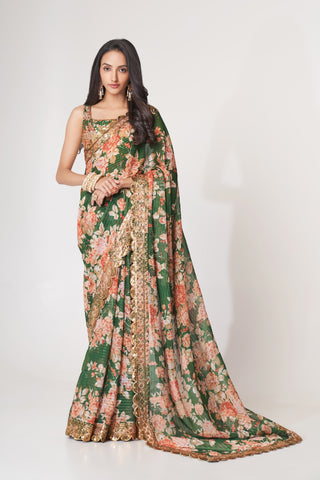 Green Organza Saree with Sequin Embroidery and Digital Print ClothsVilla
