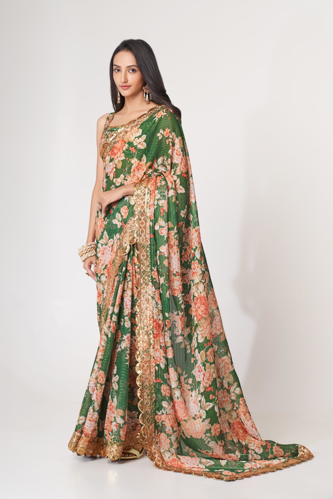 Green Organza Saree with Sequin Embroidery and Digital Print Secondary image