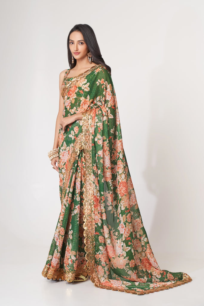 Green Organza Saree with Sequin Embroidery and Digital Print ClothsVilla