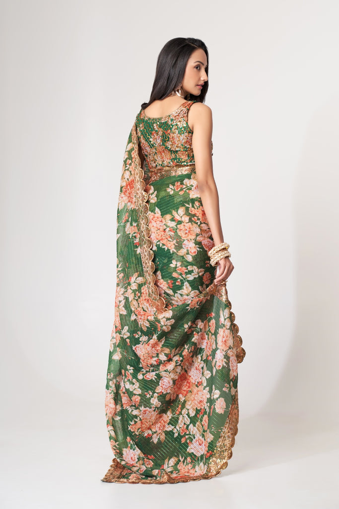 Green Organza Saree with Sequin Embroidery and Digital Print ClothsVilla