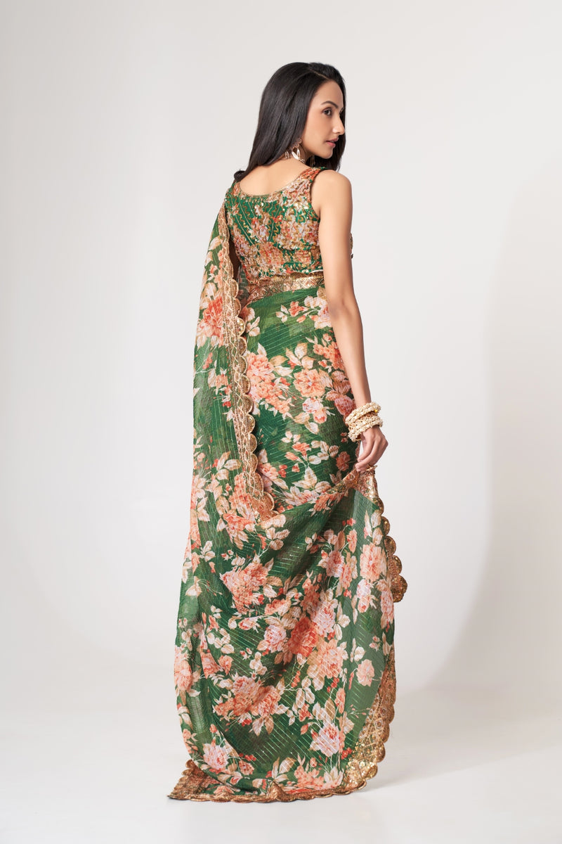 Women's Organza Digital print Aari Work Light Green Saree With Blouse Piece