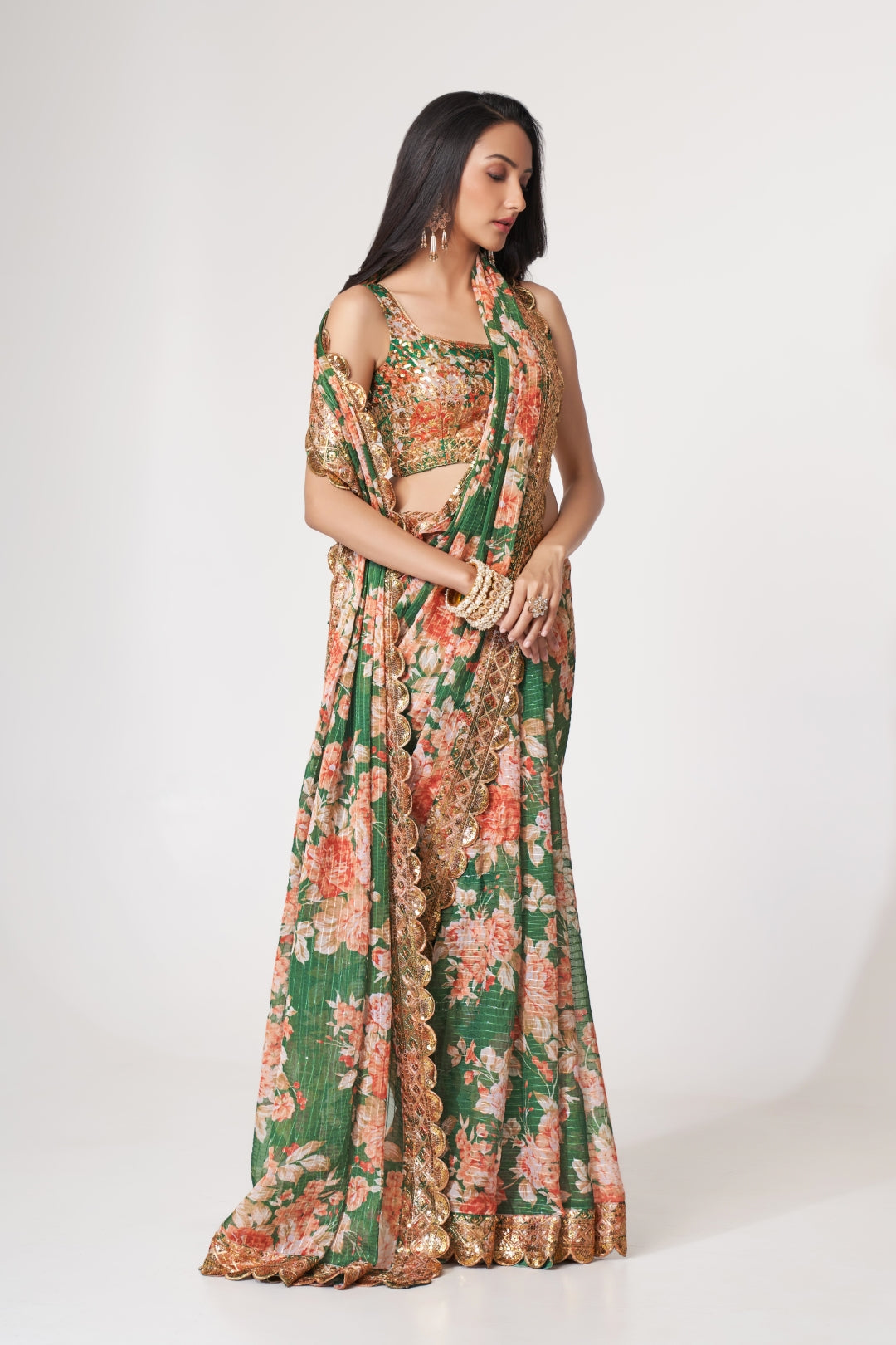 Green Organza Saree with Sequin Embroidery and Digital Print ClothsVilla