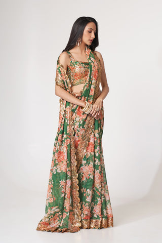 Green Organza Saree with Sequin Embroidery and Digital Print ClothsVilla
