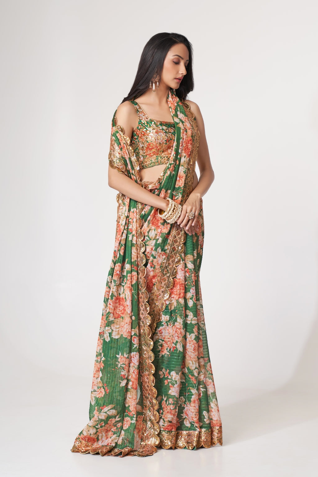 Green Organza Saree with Sequin Embroidery and Digital Print ClothsVilla