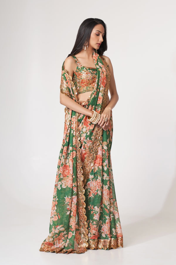 Green Organza Saree with Sequin Embroidery and Digital Print ClothsVilla