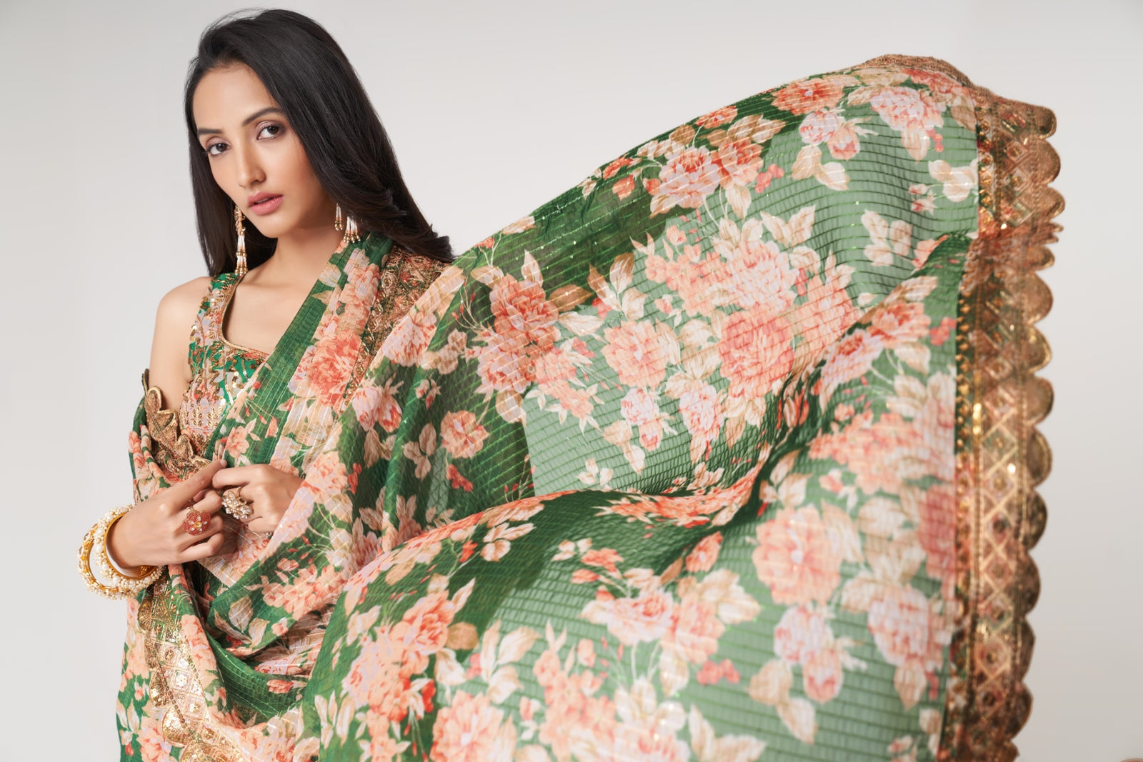 Green Organza Saree with Sequin Embroidery and Digital Print ClothsVilla