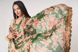 Green Organza Saree with Sequin Embroidery and Digital Print ClothsVilla